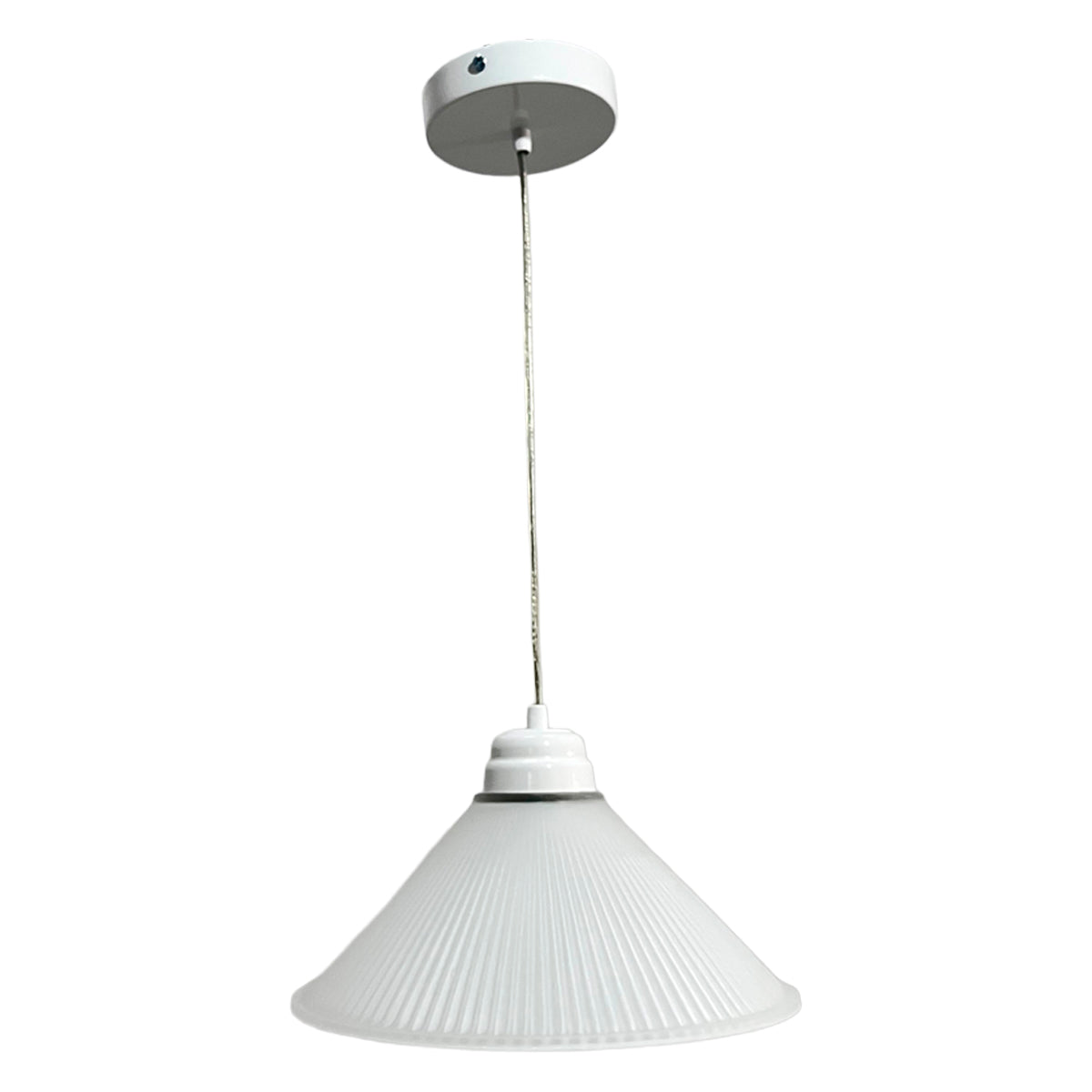 Lámpara Colgante C-38 Herraje Blanco Altura Ajustable Campana de Cristal Abanico
