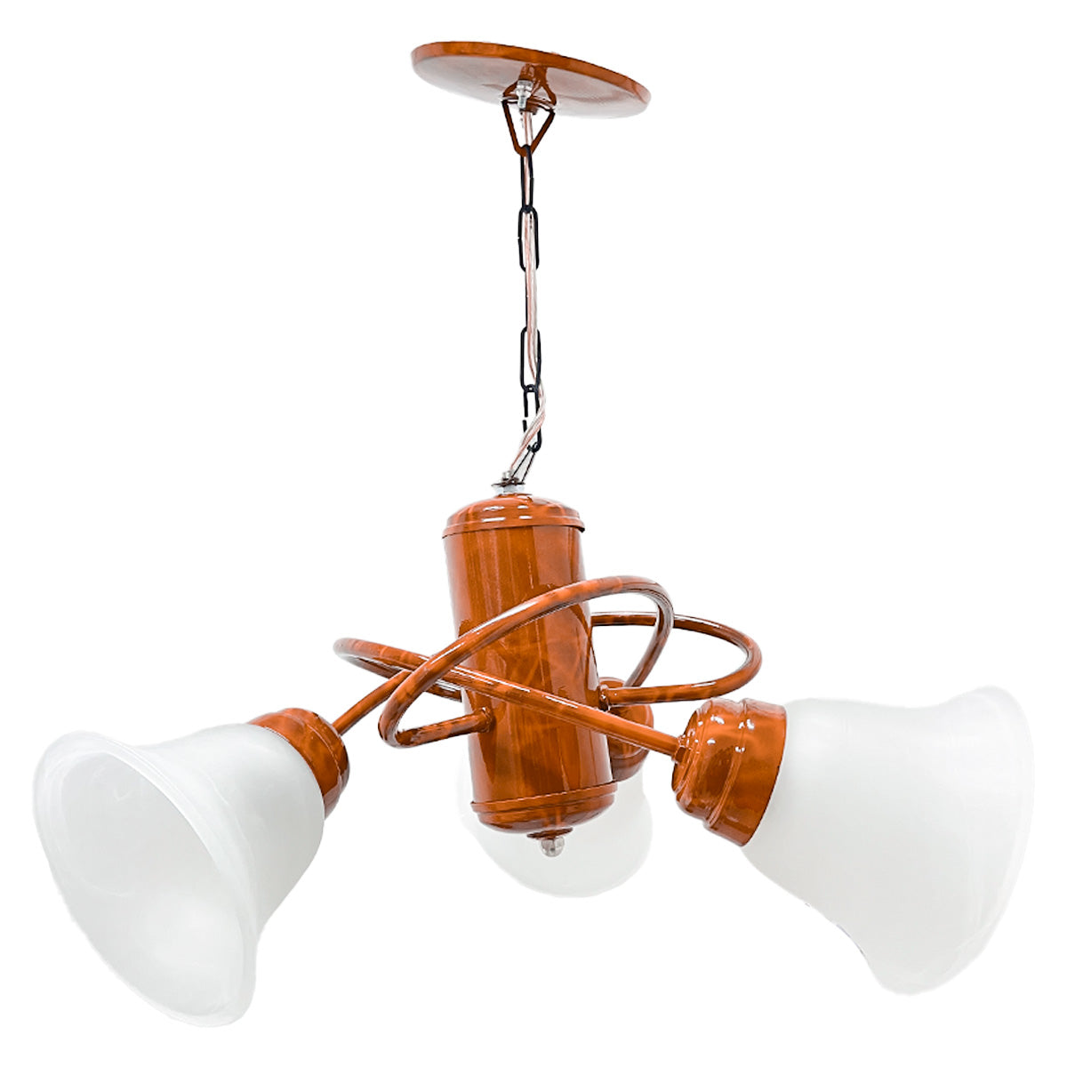 Candil Átomo Base Metálica color Madera Triple pantalla de Cristal