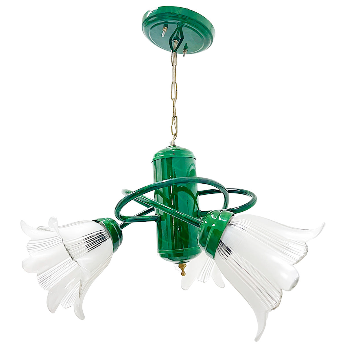 Candil Átomo Base Metálica color Verde Triple pantalla de Cristal