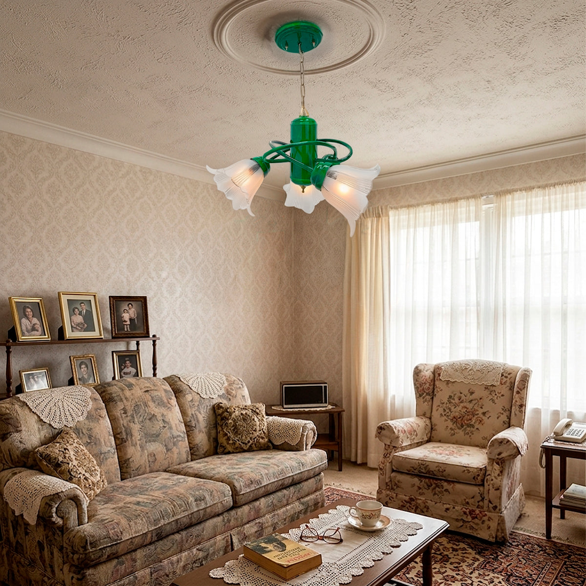 Candil Átomo Base Metálica color Verde Triple pantalla de Cristal