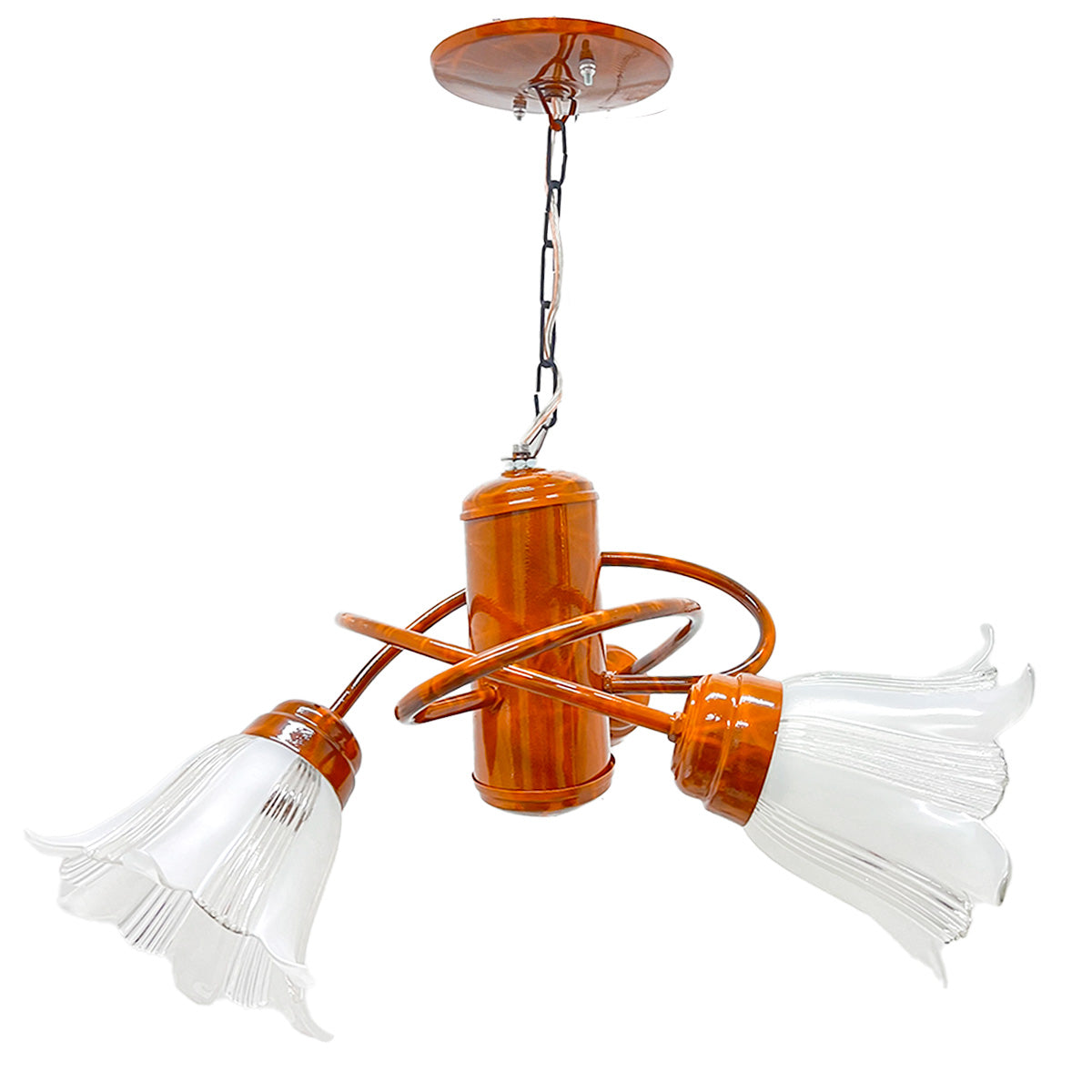 Candil Átomo Base Metálica color Madera Triple pantalla de Cristal