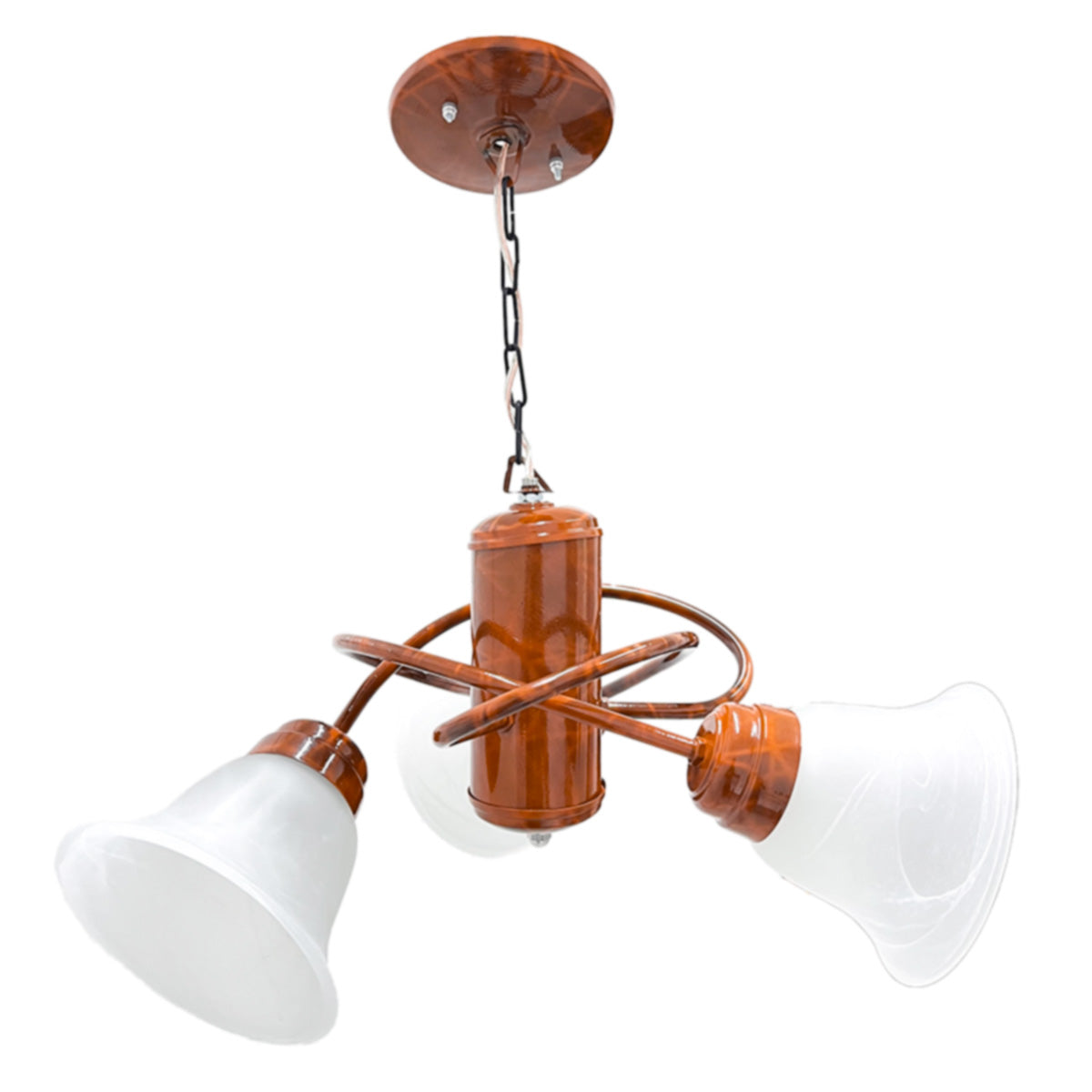 Candil Átomo Base Metálica color Madera Triple pantalla de Cristal