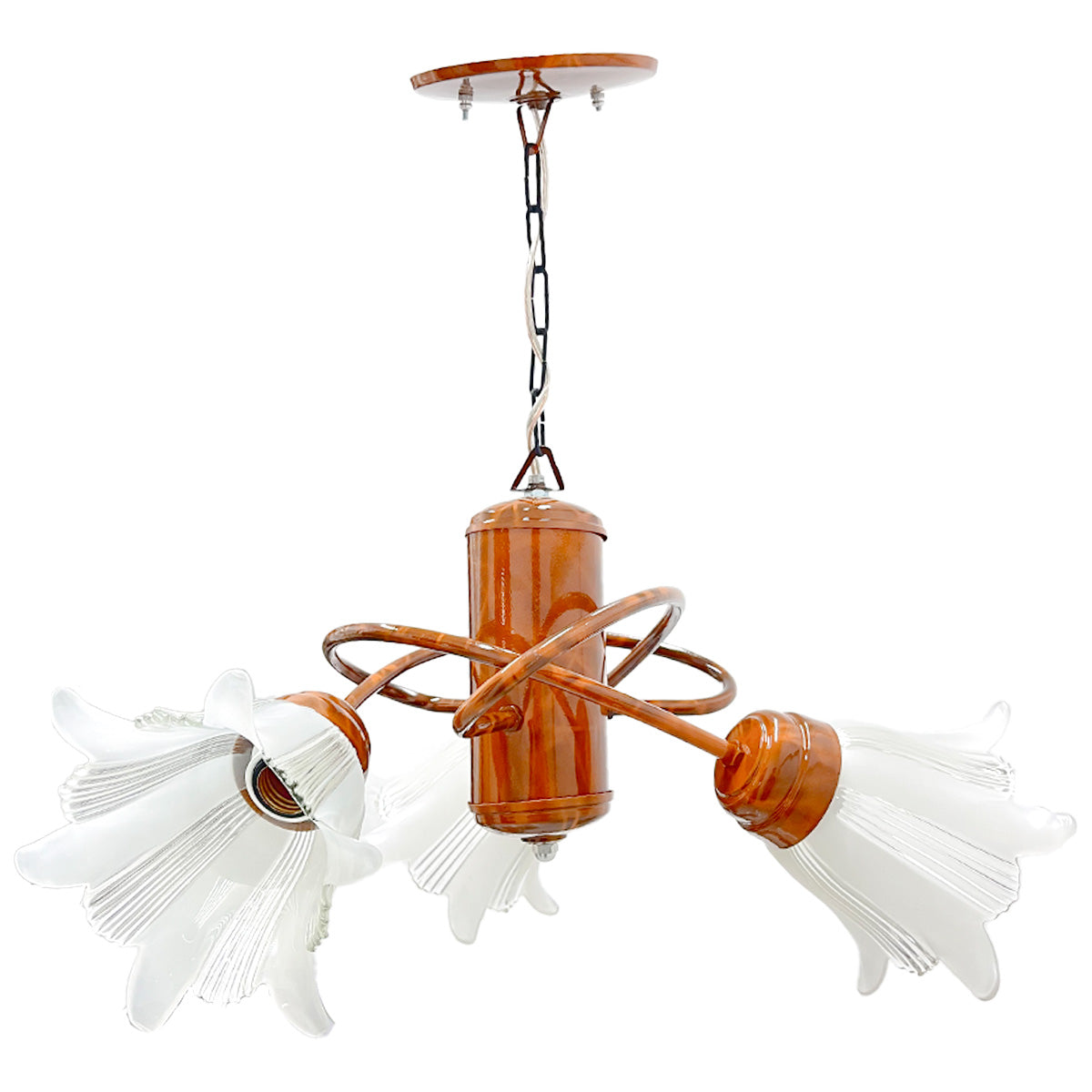 Candil Átomo Base Metálica color Madera Triple pantalla de Cristal