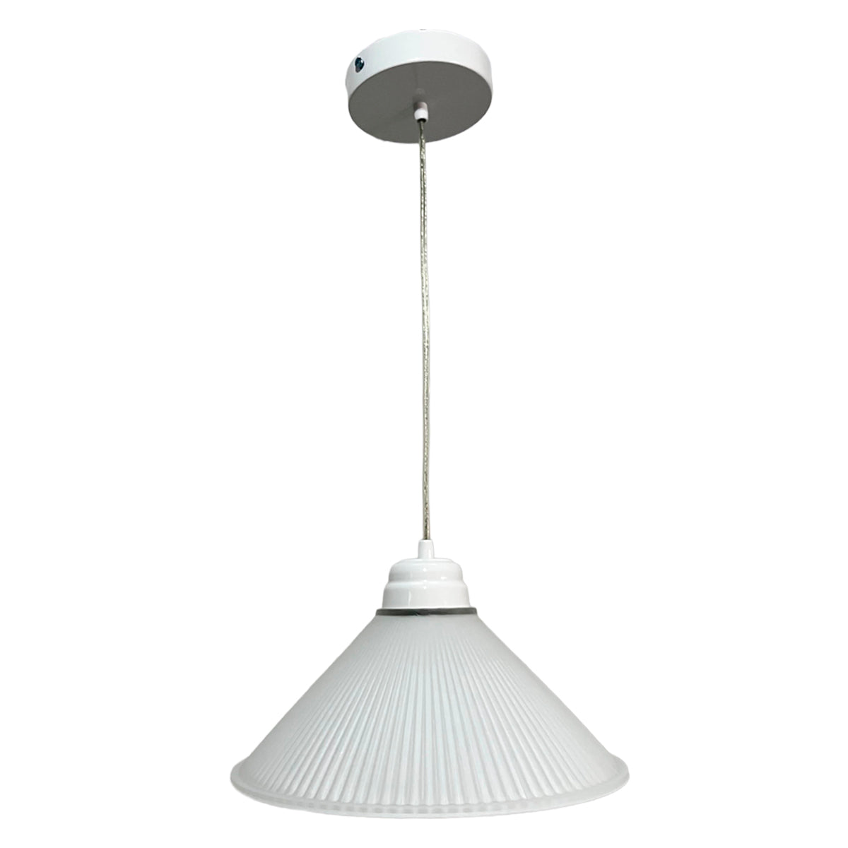 Lámpara Colgante C-38 Herraje Blanco Altura Ajustable Campana de Cristal Abanico