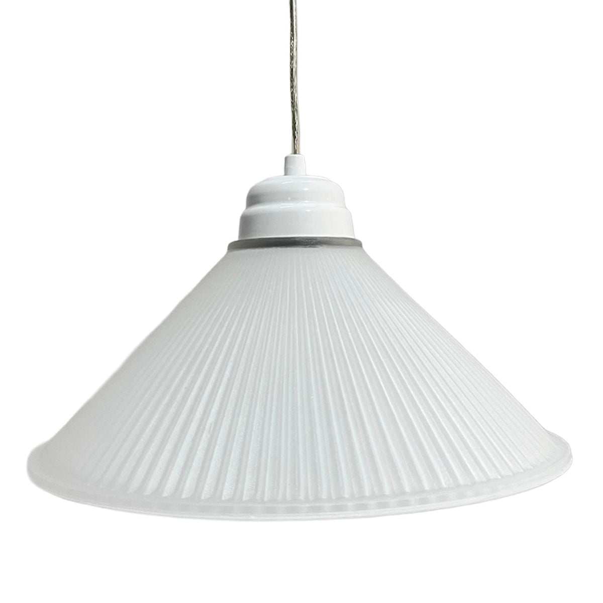 Lámpara Colgante C-38 Herraje Blanco Altura Ajustable Campana de Cristal Abanico
