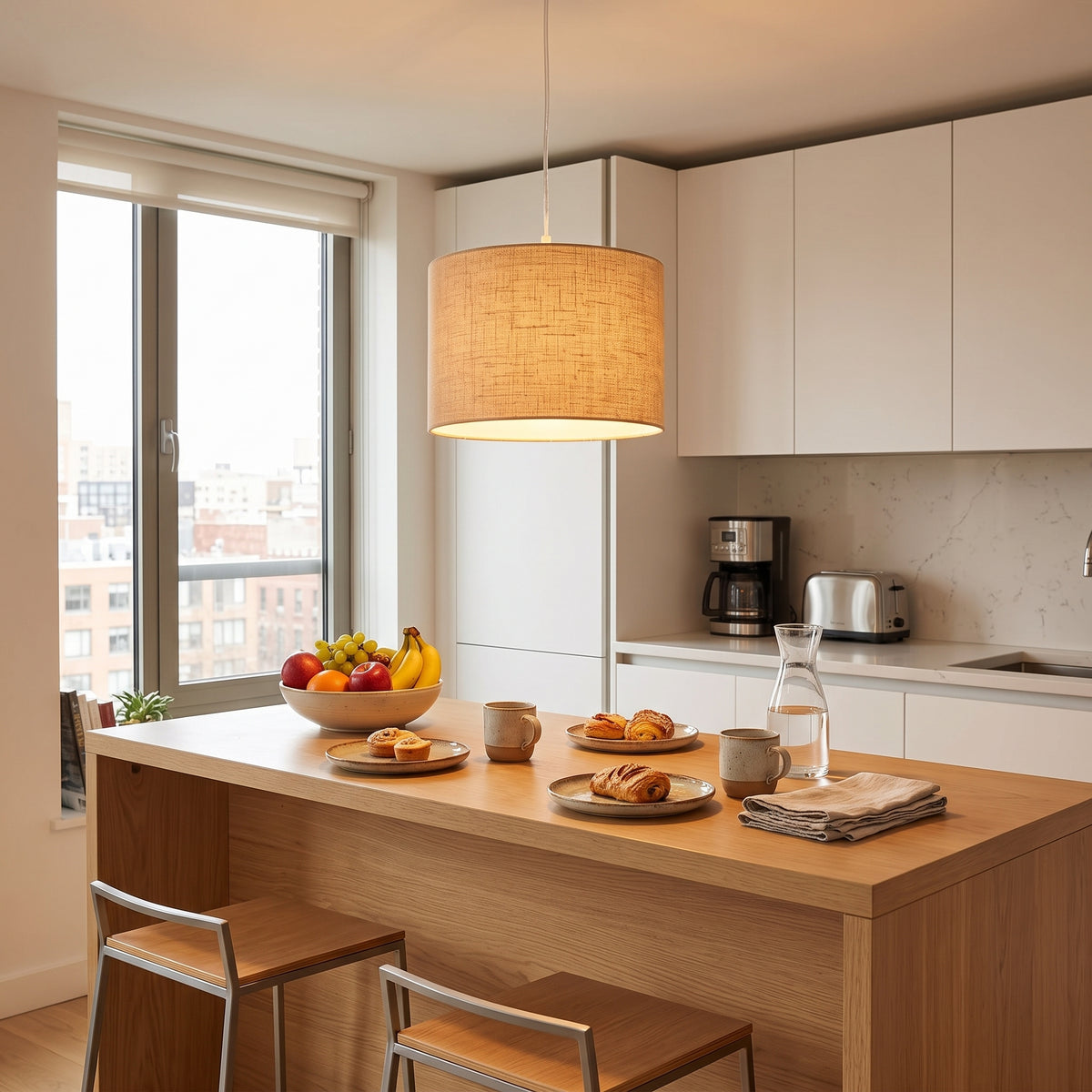 Lampara Colgante Murano Herraje Blanco Con Pantalla de Tela