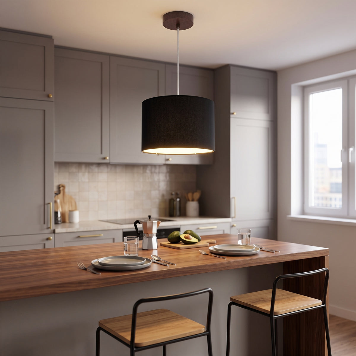 Lampara Colgante Murano Herraje Chocolate Con Pantalla de Tela
