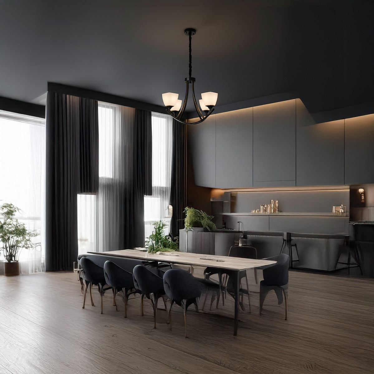 Candil Negro de 4 Luces Pantalla de cristal