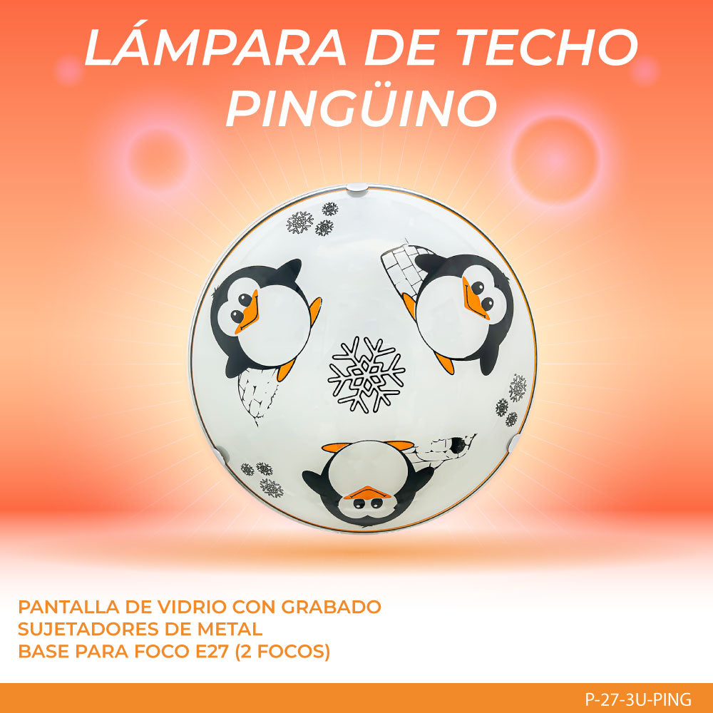 Lampara de Techo, Pantalla Infantil de Cristal Pingüinos